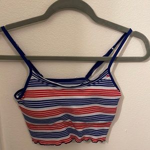 red white and blue stripped spaghetti strapped crop top with lettuce trim